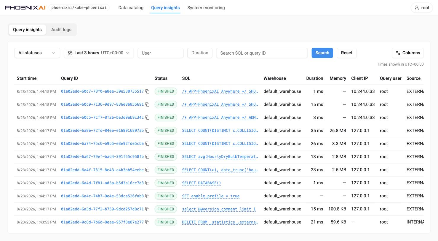 Query insights — the tutorial's aggregation and join queries, with real memory and duration