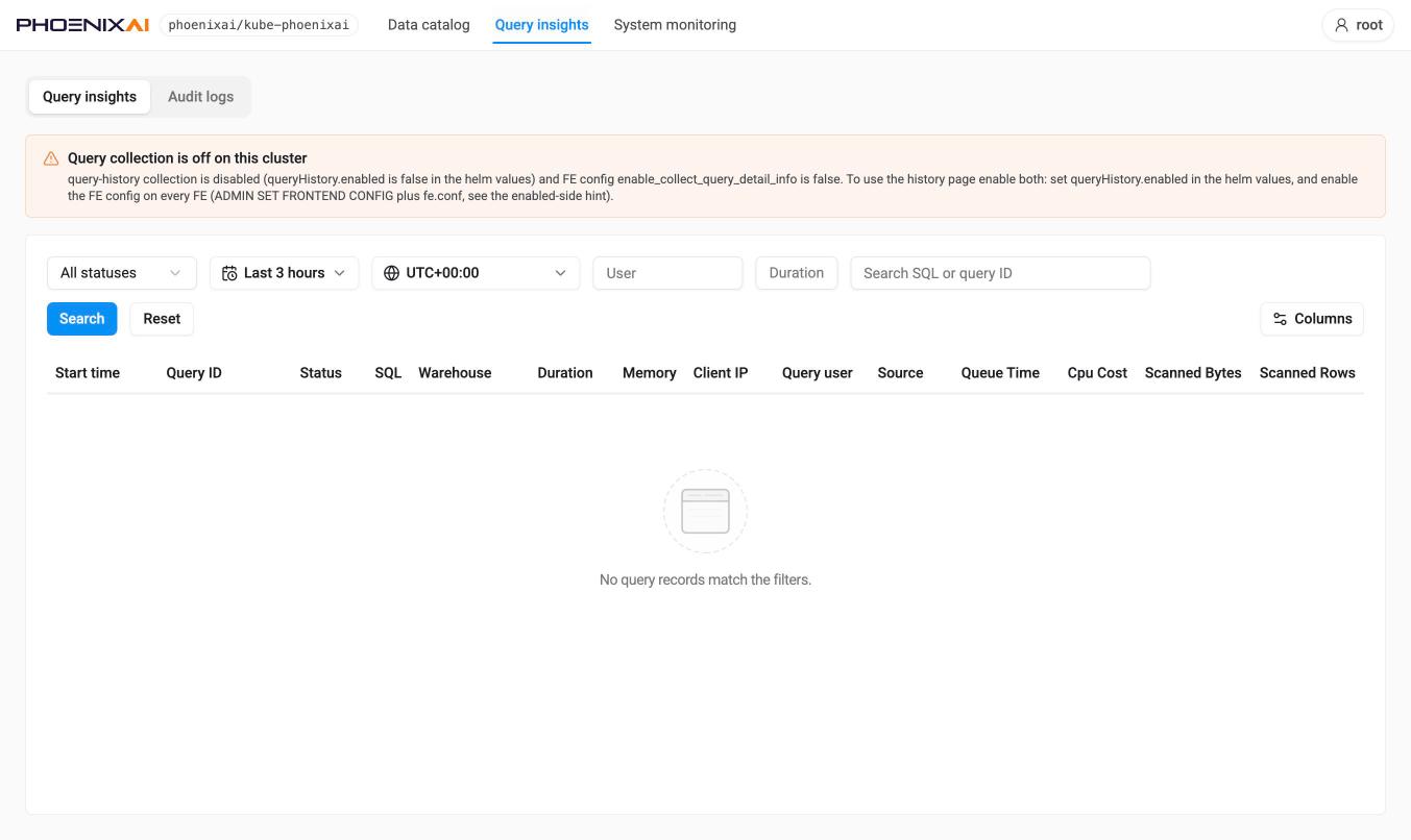 Query insights — collection switched off, the default for a new installation