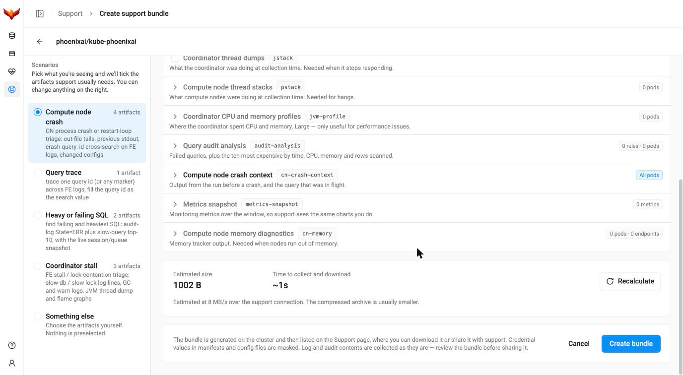 Create support bundle, the estimate and the single primary action